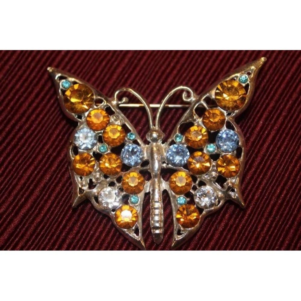 Vintage White Blue and Amber Rhinestone Butterfly Silver Color Brooch/Pin